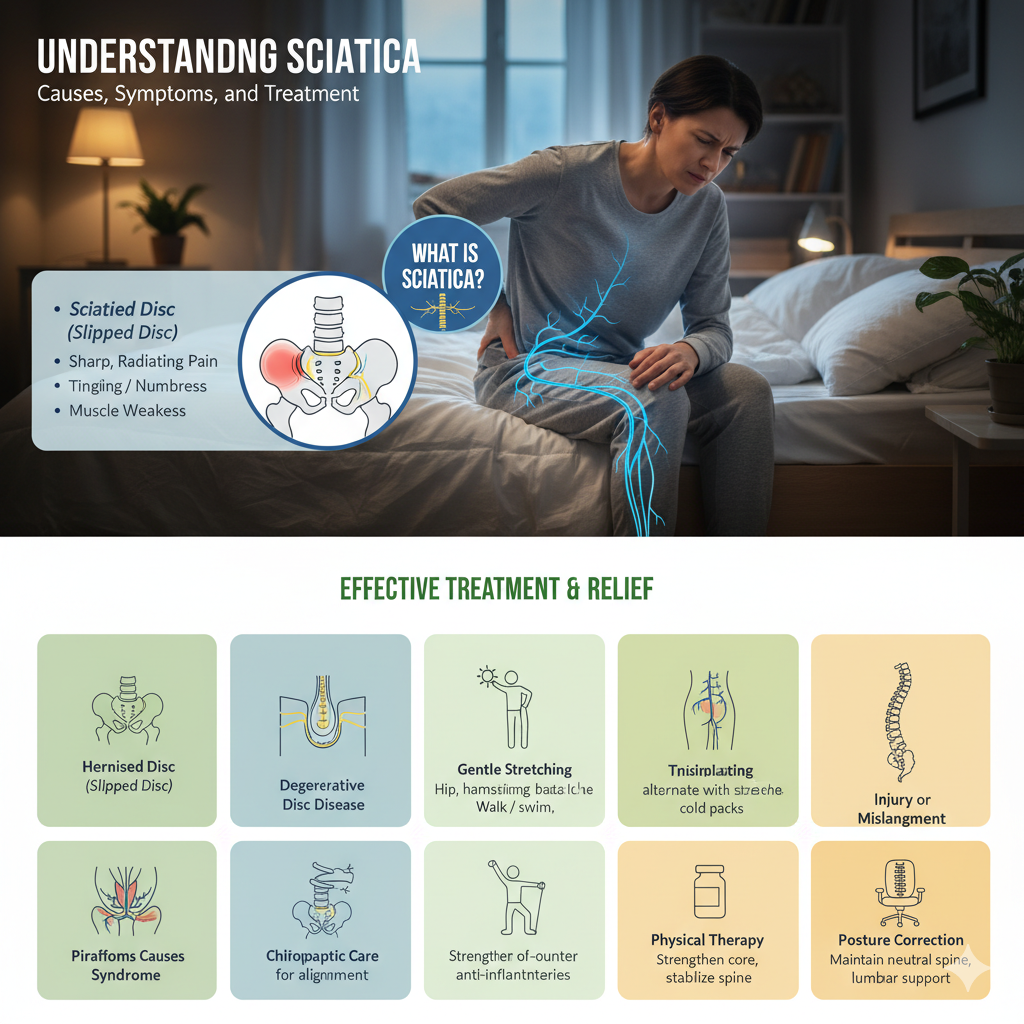 AI image of A woman in bed clutching her lower back in pain, with glowing blue lines illustrating the path of the sciatic nerve and a red highlight indicating inflammation or compression in the lower back. The image overlay includes text asking "WHAT IS SCIATICA?" and lists symptoms and causes.